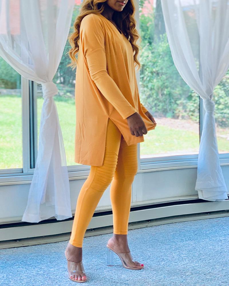 

Solid Slit Casual Top & Pants Set, Yellow
