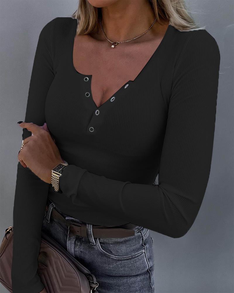 

Button Design Square Neck Long Sleeve Ribbed Top, Black