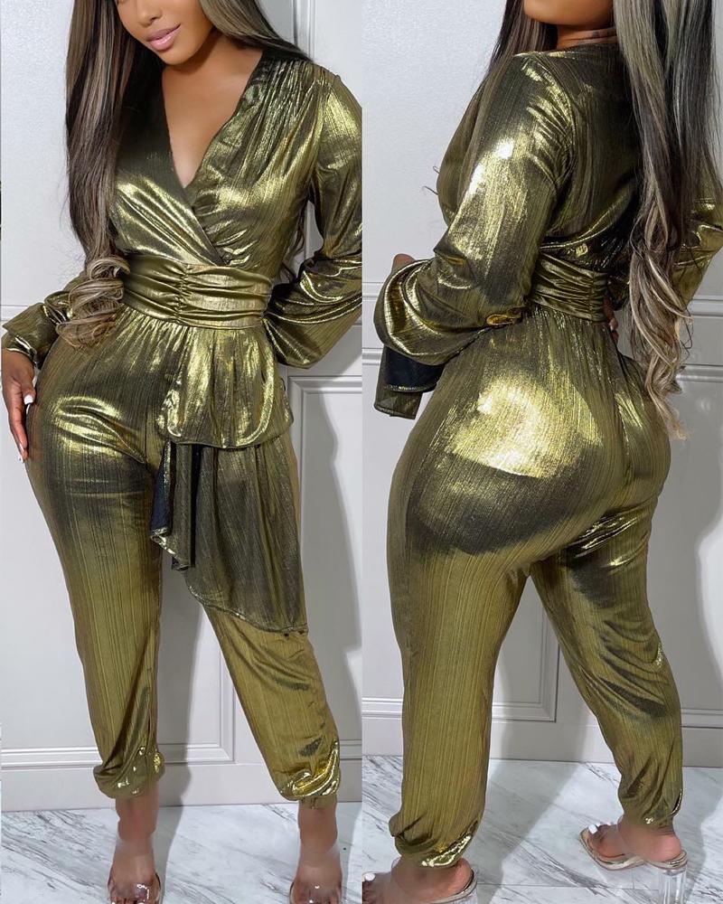 

Long Sleeve Surplice Neck Draped Detail Jumpsuit, Green