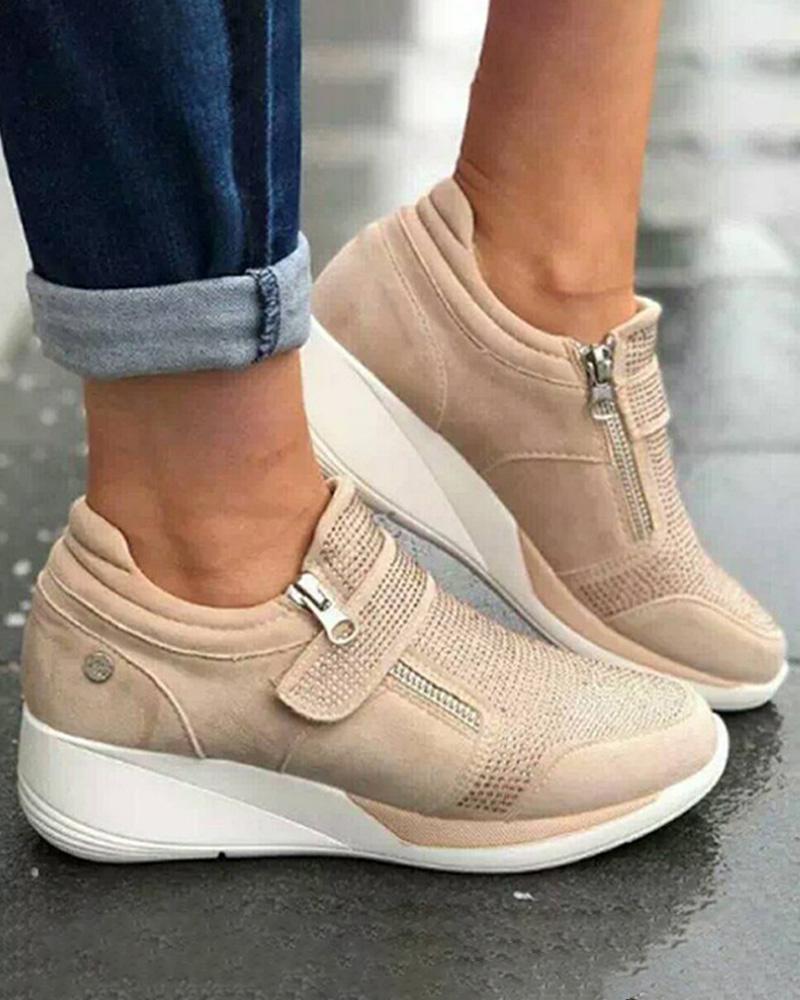 

Zipper Design Velcro Wedge Sneaker, Apricot