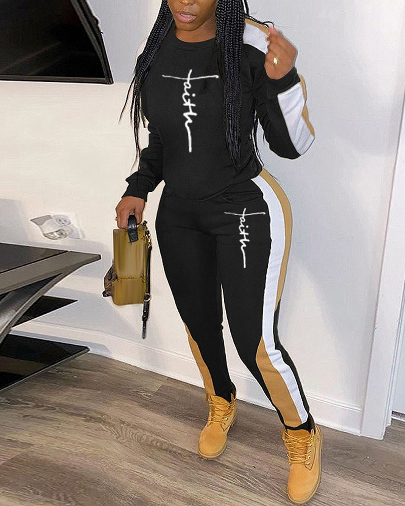 

Letter Print Long Sleeve Top & Pants Set, Black