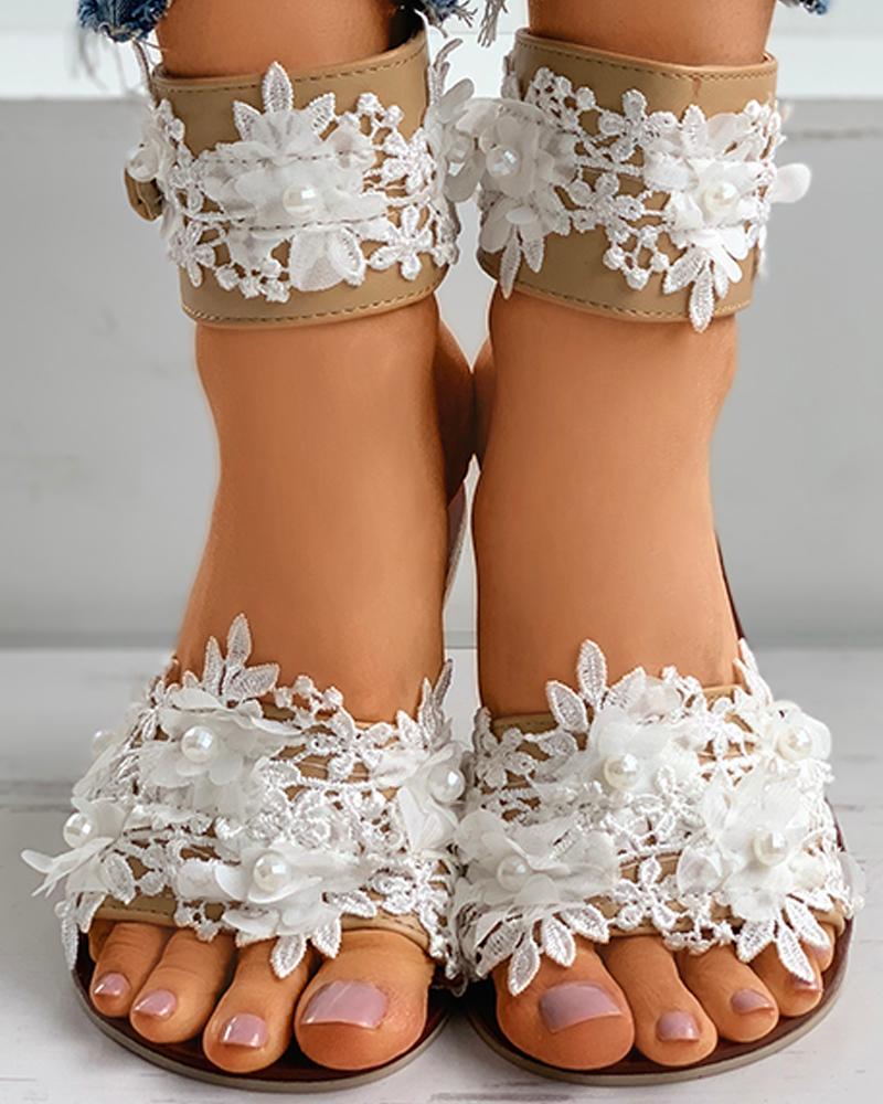 

Ankle Strap Floral Pattern Beaded Flat Sandals, Brown