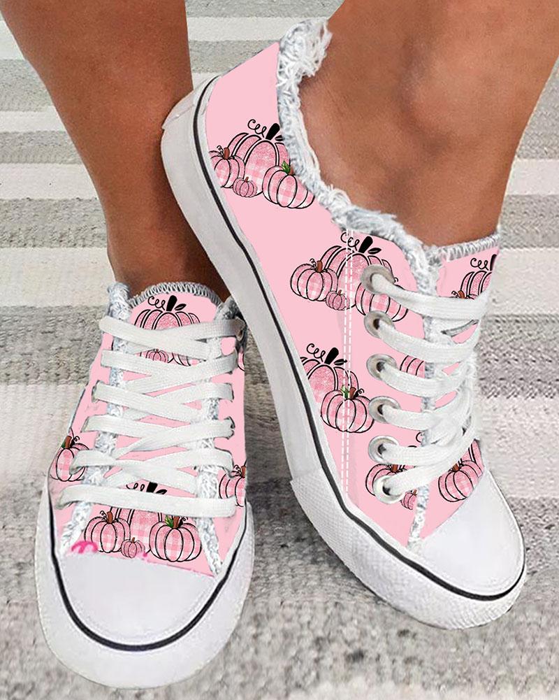 

Halloween Pumpkin Print Raw Hem Lace-up Sneakers, Pink