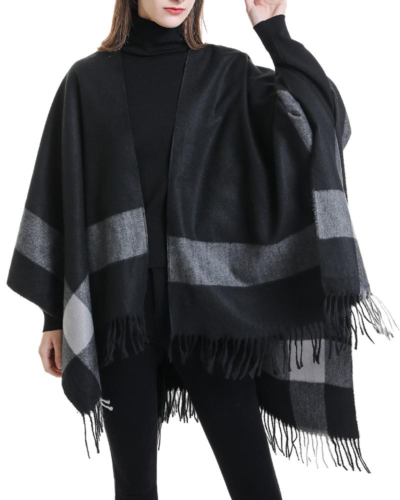 

Women's Open Front Oversized Tassel Shawl Poncho Winter Warm Scarf, Black