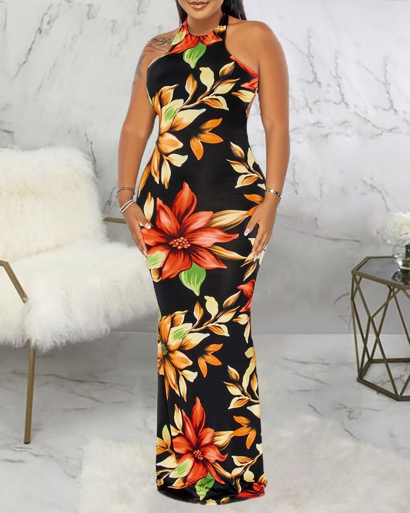 

Crisscross Backless Floral Print Dress, Black
