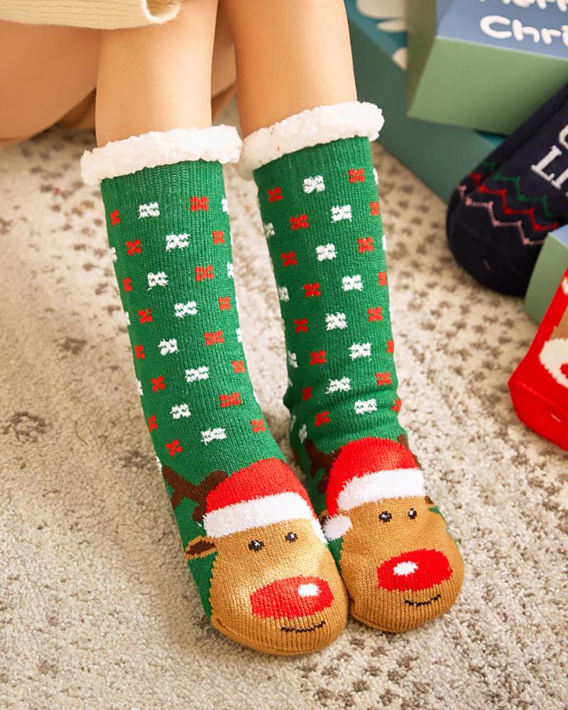 

1Pair Christmas Reindeer Snowflake Cartoon Slogan Knit Thermal Socks, Style4