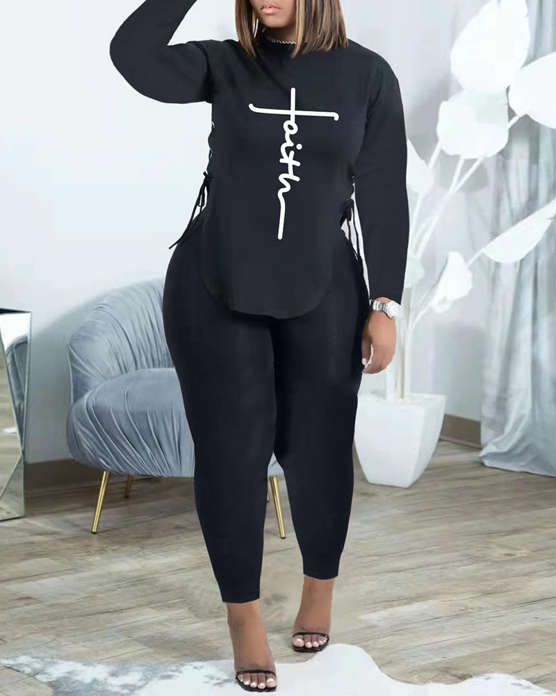 

Long Sleeve Slit Letter Print Top & Casual Pants Set, Black