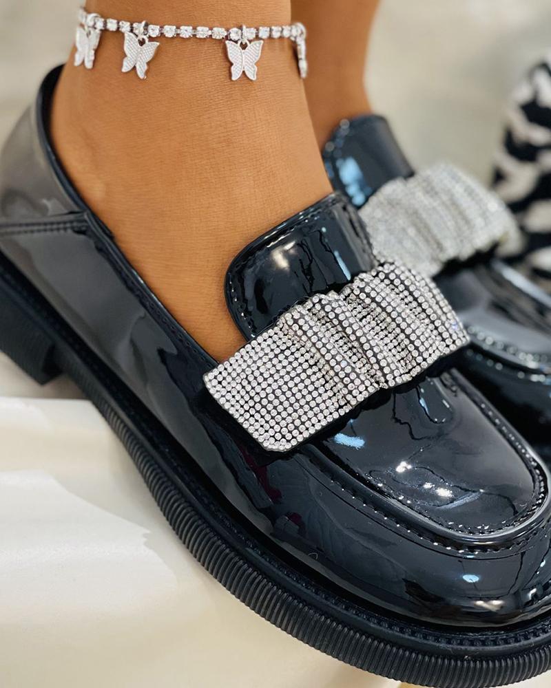 

Rhinestone Ruched Strap Slip On Loafers, Black