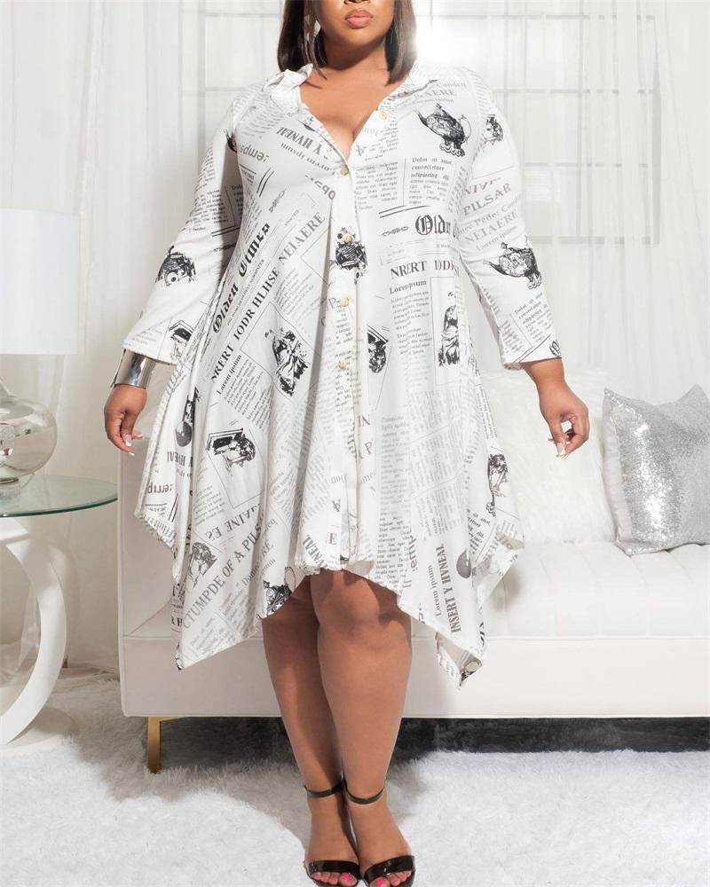 

Plus Size Newspaper Print Asymmetrical Hem Shirt Dress, White