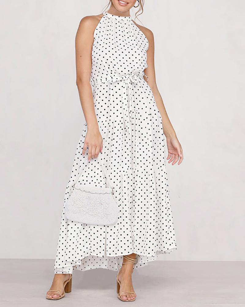 

Sleeveless Polka Dot Print Maxi Dress With Belt, White