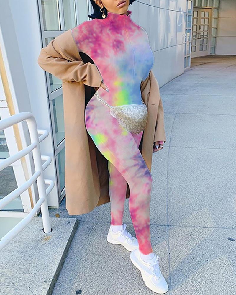 

Tie Dye Mixed Print Long Sleeve Fitted Jumpsuit, Multicolor