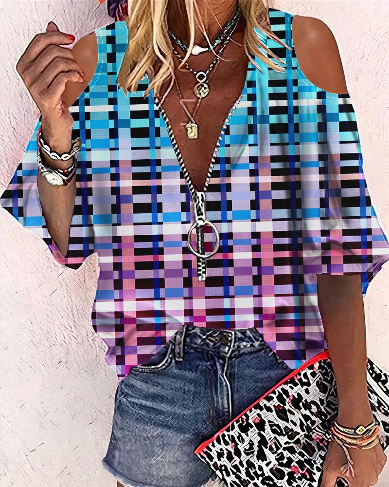 

Ombre Plaid Print Cold Shoulder Top, Multicolor