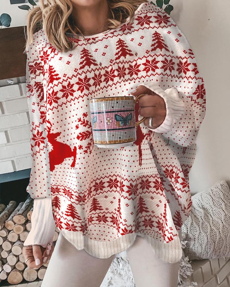 

Christmas Pattern Lantern Sleeve Fluffy Sweater, Red