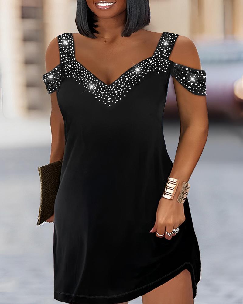 Robe Décontractée à Epaule Dénudée avec Strass de Grande Taille