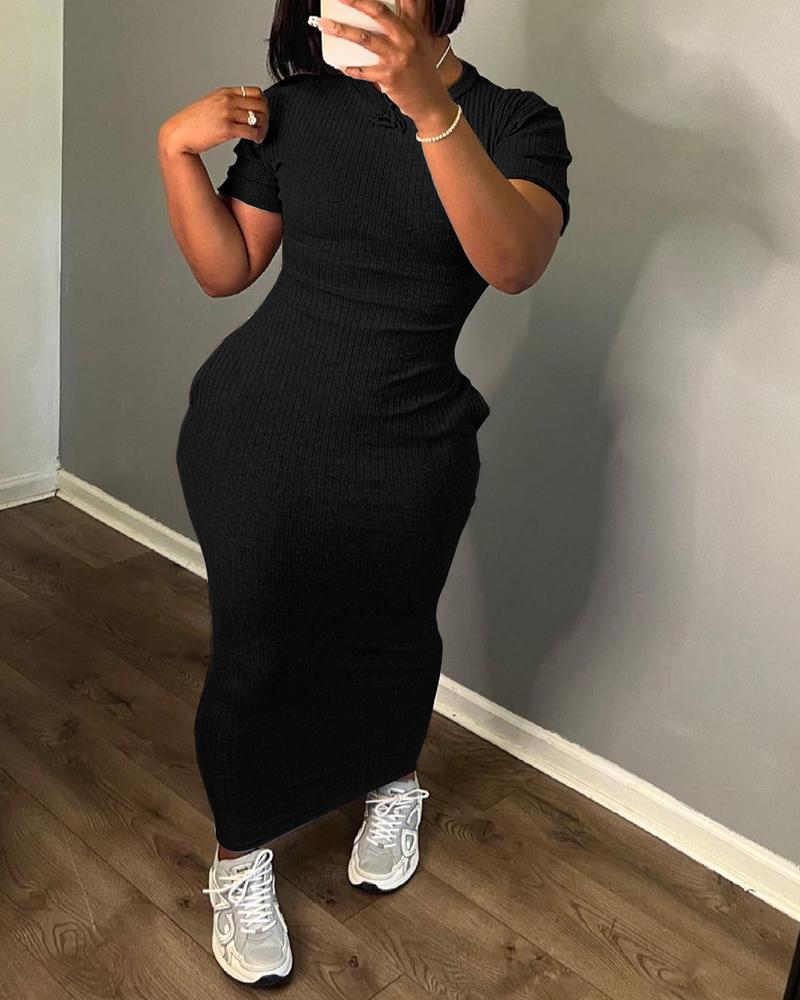 

Vestido bodycon manga curta com decote em O, Black