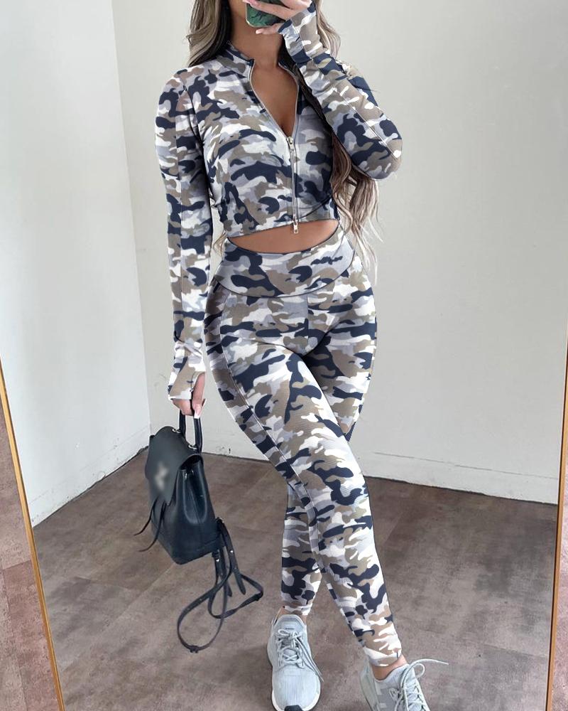 

Camouflage Print Zipper Up Thumb Hole Crop Top & Skinny Pants Set, Camoflage