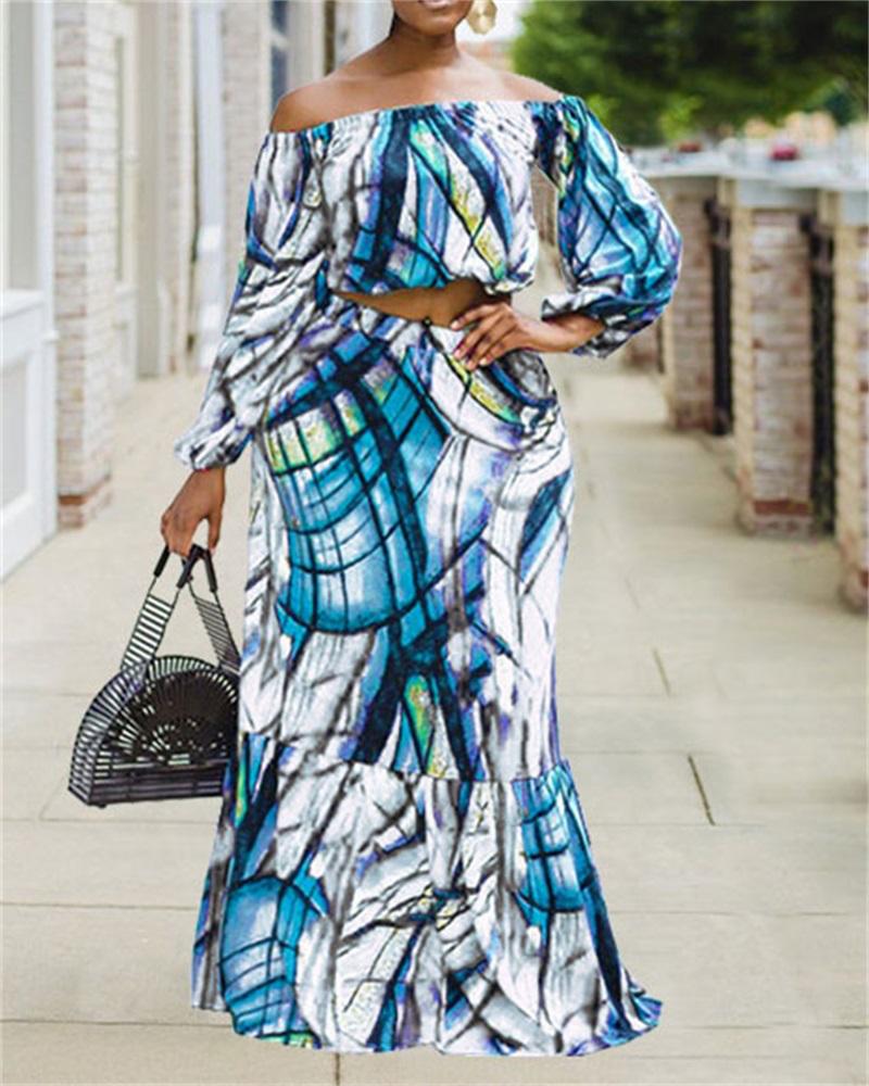 

Plus Size Abstract Print Off Shoulder Crop Top & Skirt Set, Blue