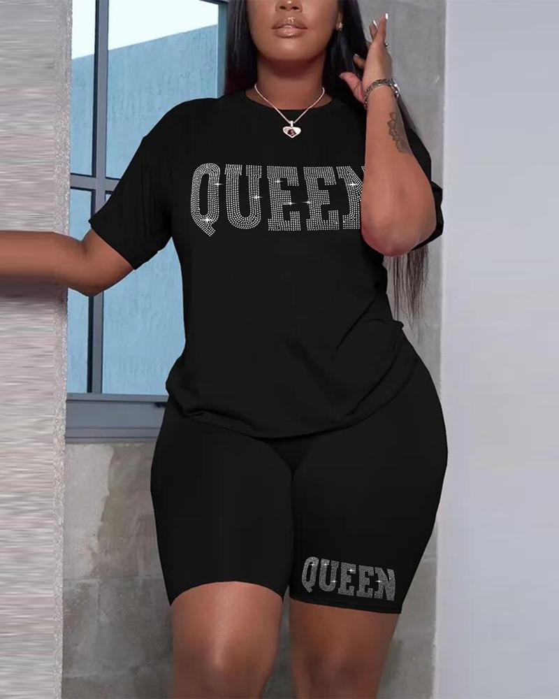 

Plus Size Rhinestone Letter Pattern Casual Top & Shorts Set, Black