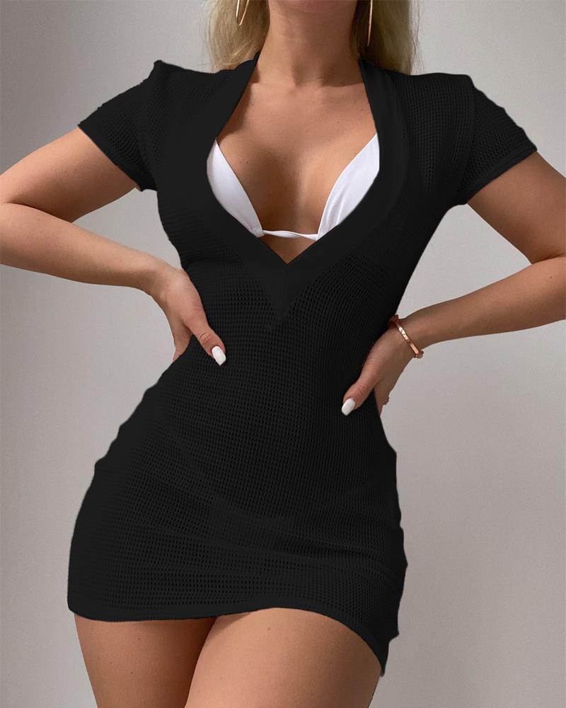 

Textured Plunging Neck Cover Up Beach Dress, Black
