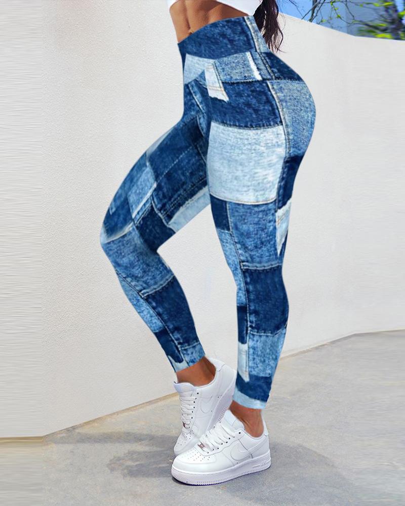 

Denim Look Print High Waist Sports Leggings, Blue