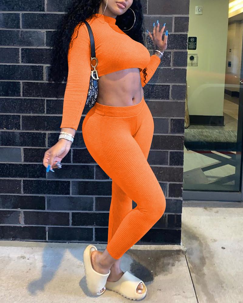 

Solid Long Sleeve Skinny Cropped Top With Pants Suit Sets, Orange