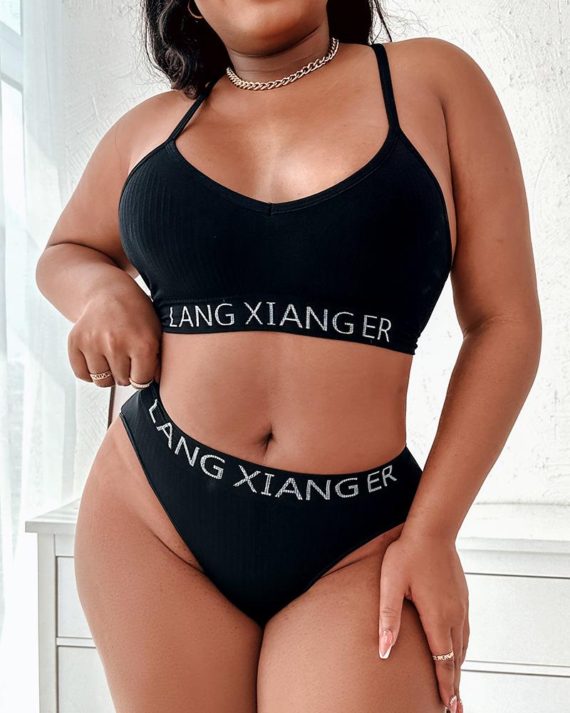 

Letter Pattern V-Neck Seamless Bra Set, Black