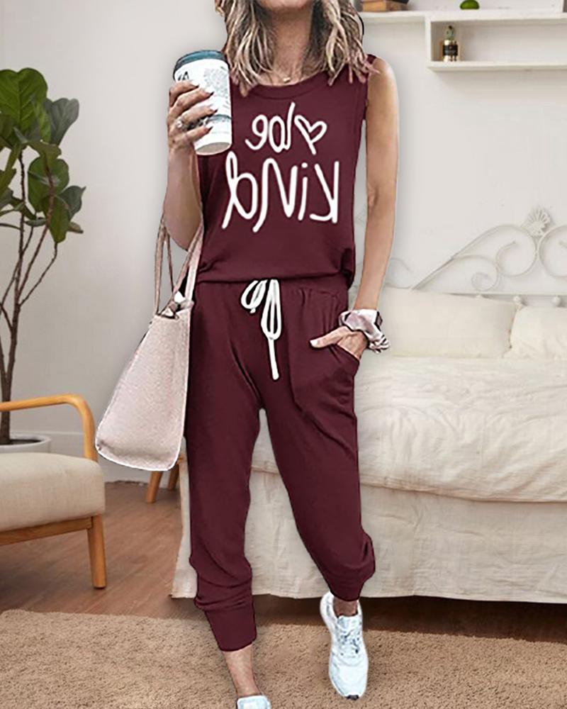 

Letter Print Tank Top & Drawstring Pants Set, Wine red