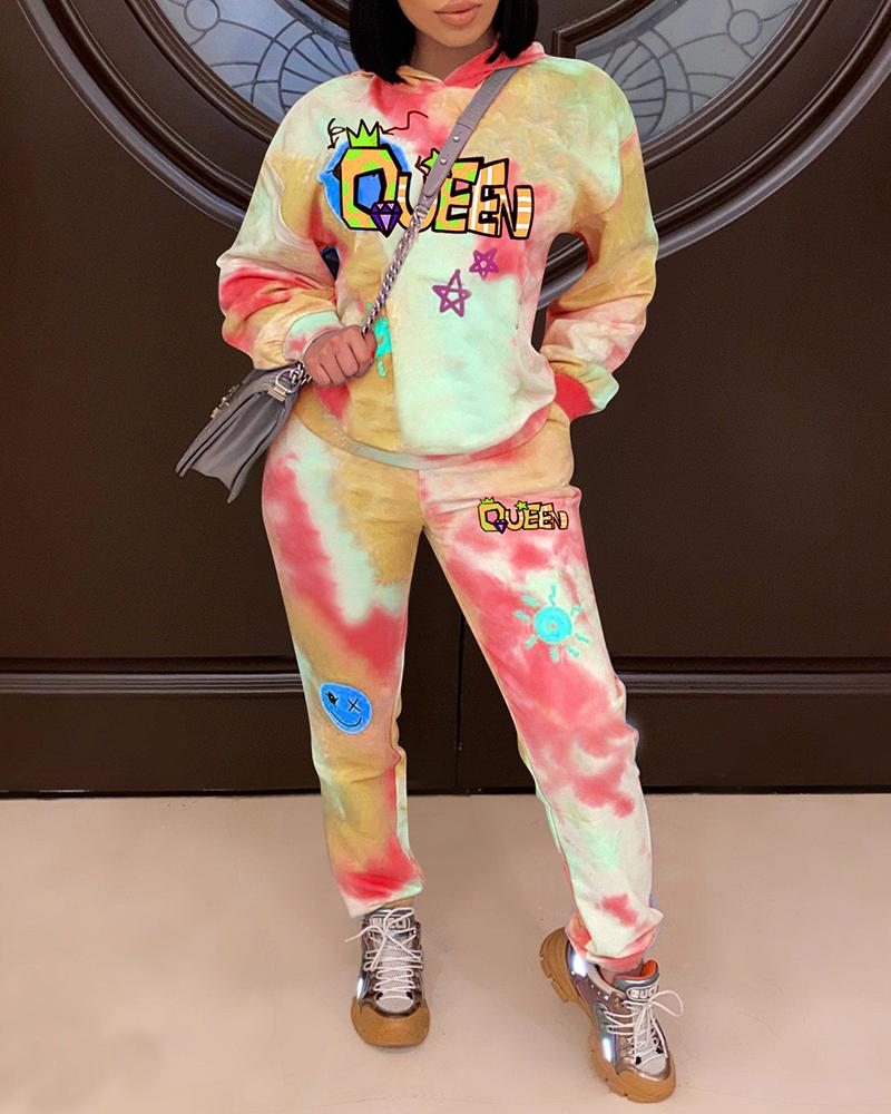 

Tie Dye Cartoon Print Long Sleeve Top & Pants Set, Red