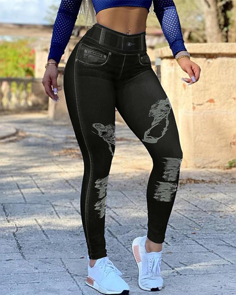 

Women' Leggings Faux Denim Printed High Waist Butt Lift Active Pants, Black