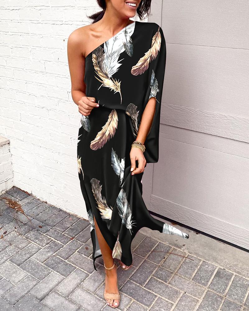 

Feather Print One Shoulder Split Hem Maxi Dress, Black