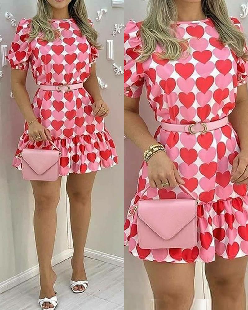 

Valentine' Day Heart Print Ruffle Hem Puff Sleeve Casual Dress, Red