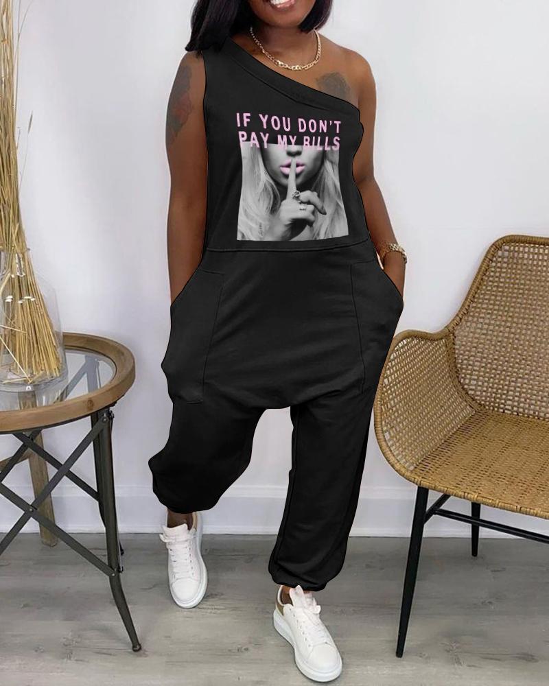 

Slogan Letter Print One Shoulder Jumpsuit, Black