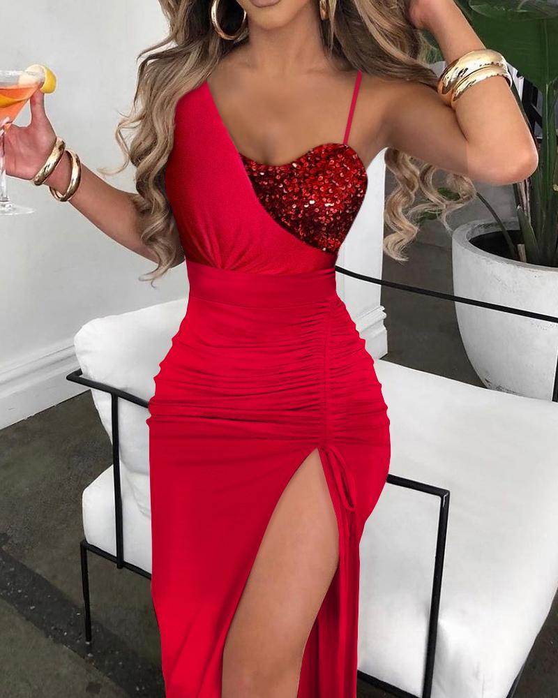 

Contrast Sequin Drawstring Ruched High Slit Dress, Red