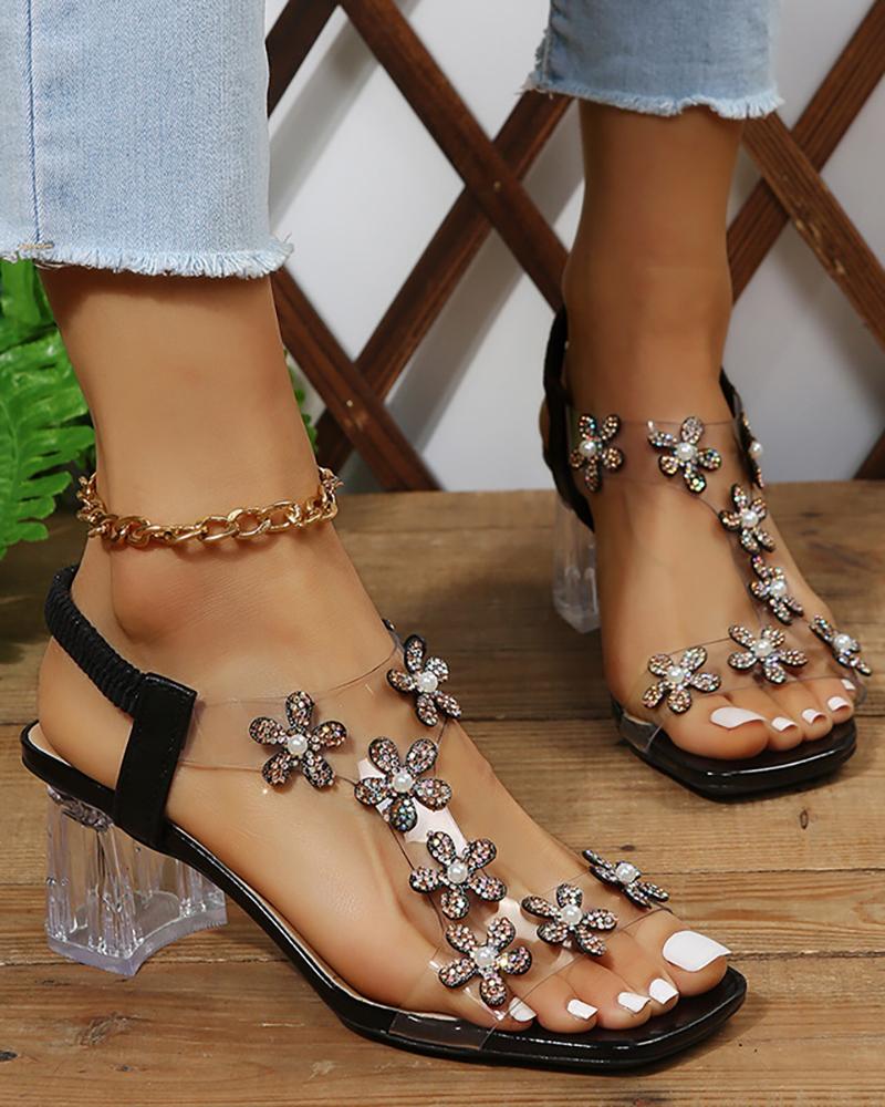 

Butterfly Pattern Square Toe Clear Chunky Heels, Black
