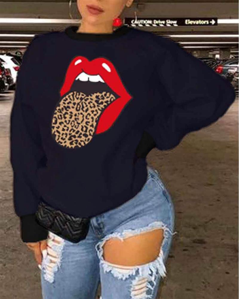 

Plus Size Leopard Lip Print Long Sleeve Casual Sweatshirt, Black
