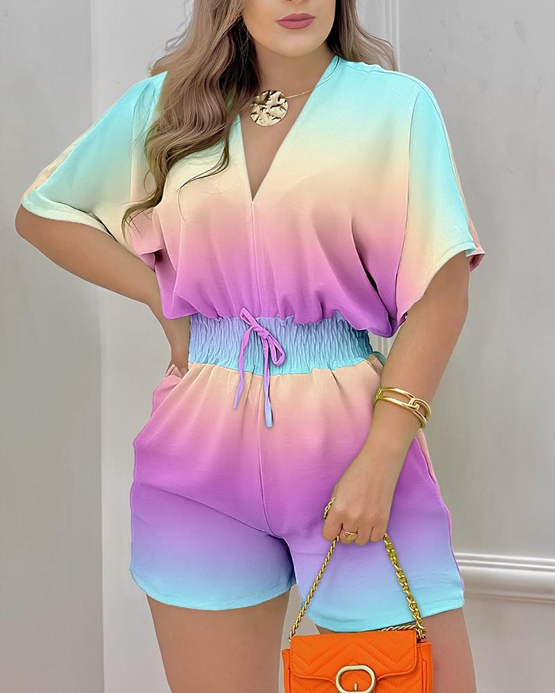 

Ombre Batwing Sleeve Shirred Waist Romper, Multicolor