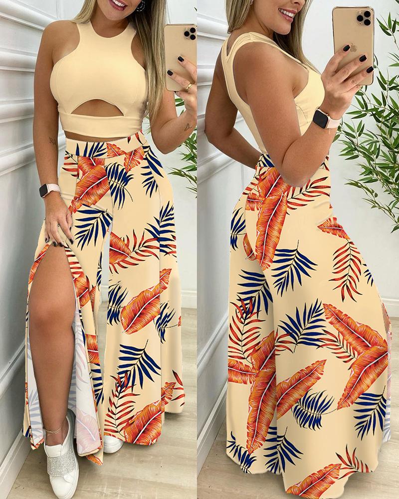 

Solid Cut-out Tank Top & Split Wide Leg Tropical Pants Set, Apricot