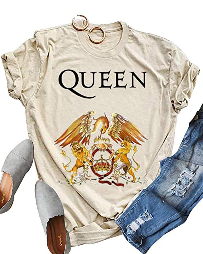

Women' Letter Queen Graphic Print Round Neck T-shirt, Apricot