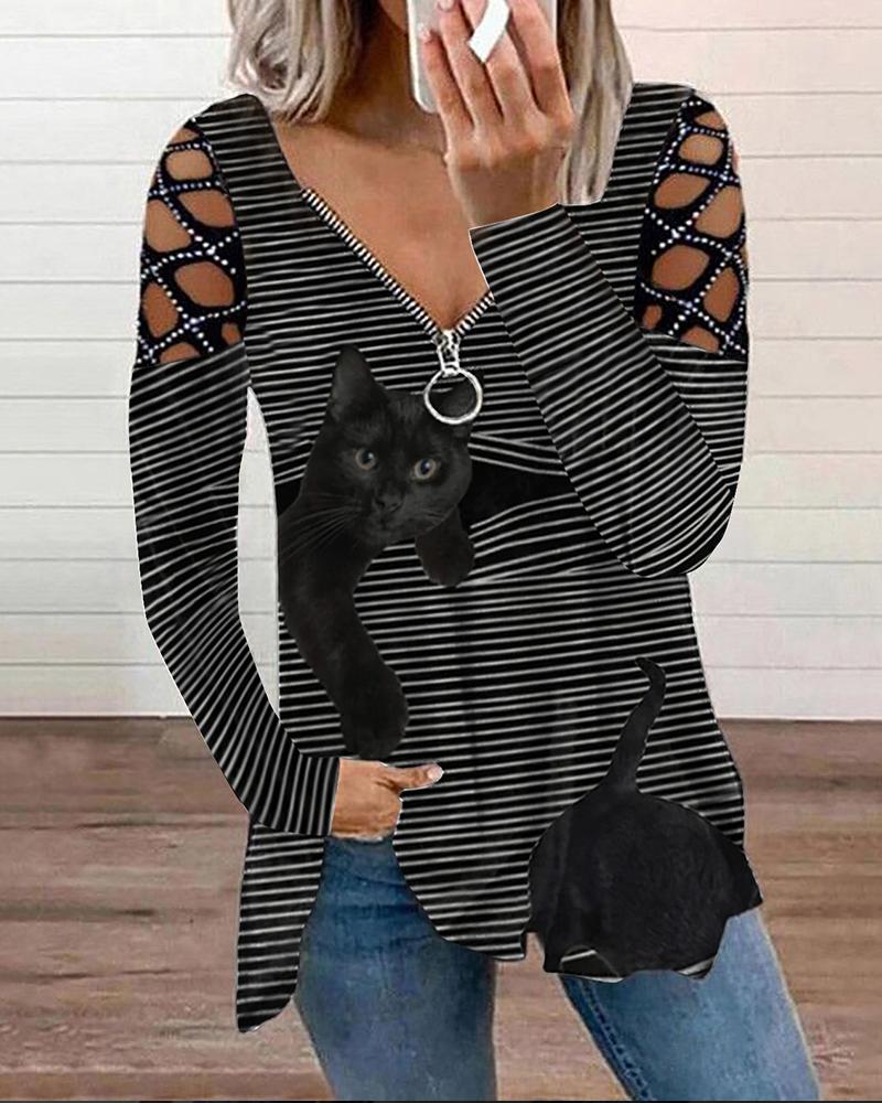 

Striped Cat Print Rhinestone Hollow Out Sleeve Zip Front Top, Black