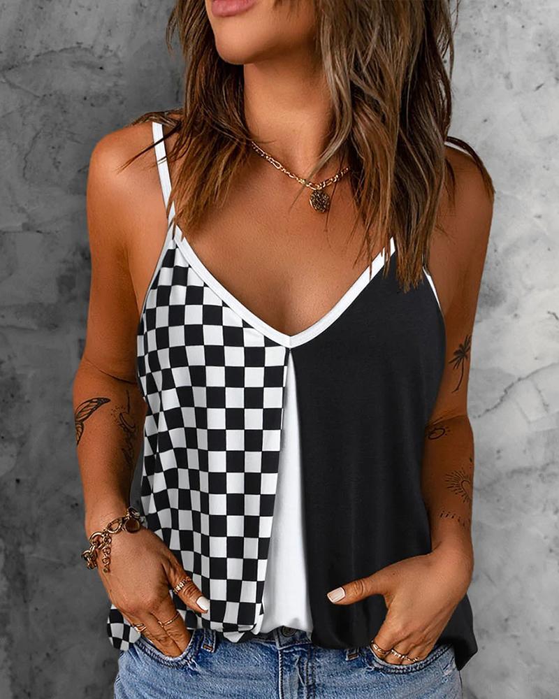 

Plaid Print Colorblock Tank Top, Black