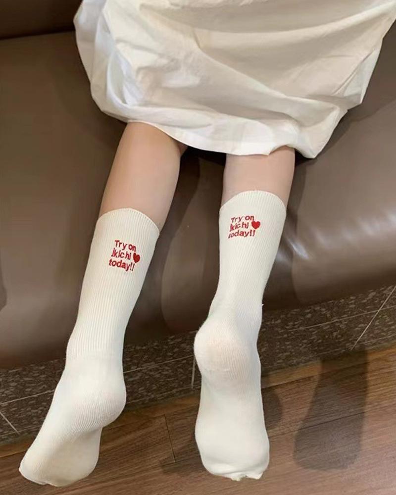 

1Pair Slogan Pattern Knit Crew Socks, White