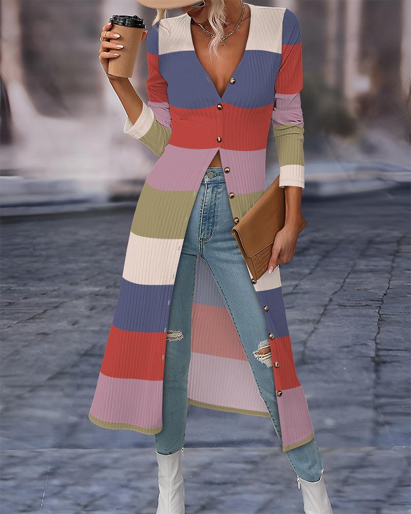 

Striped Colorblock Open Front Longline Ribbed Coat, Multicolor