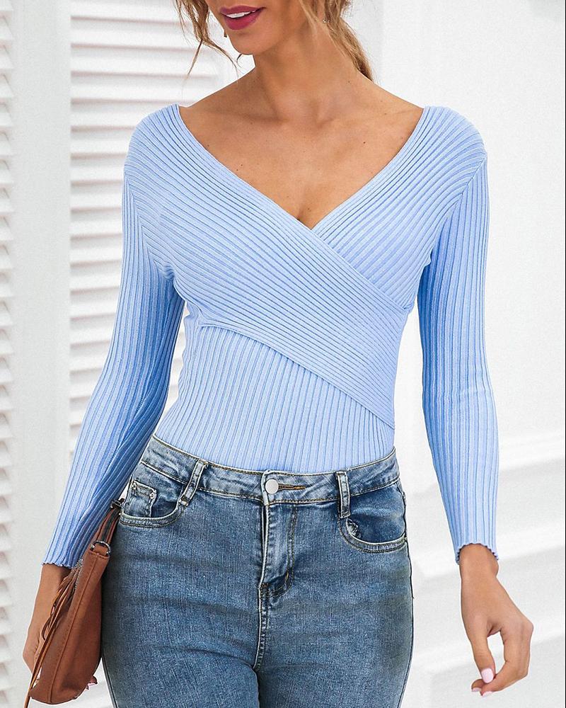 

Ribbed V Neck Long Sleeve Casual Top, Blue
