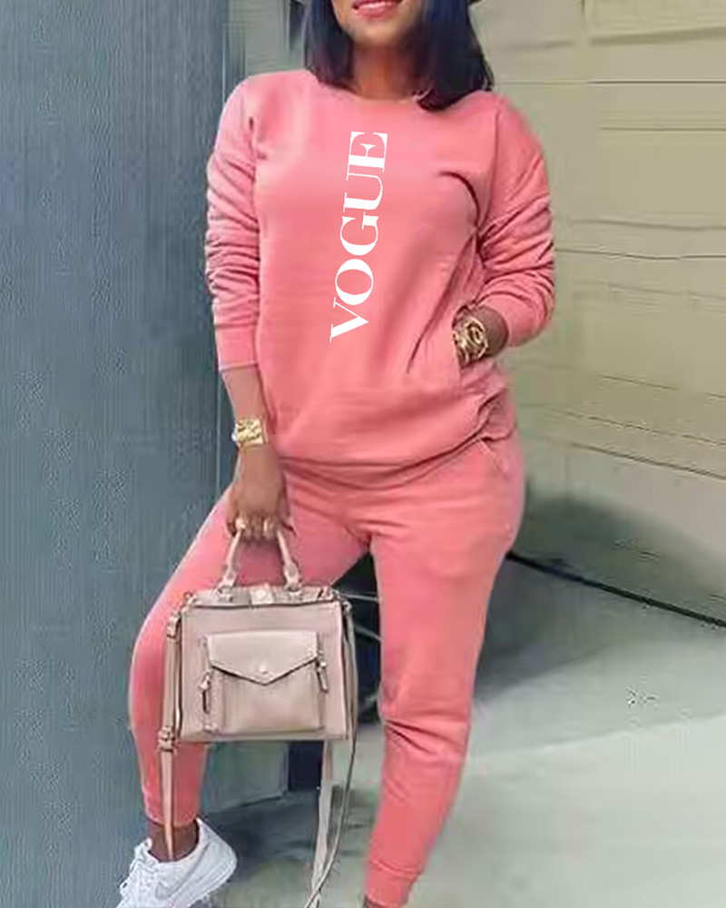 

Plus Size Letter Print Pocket Design Top & Pants Set, Pink