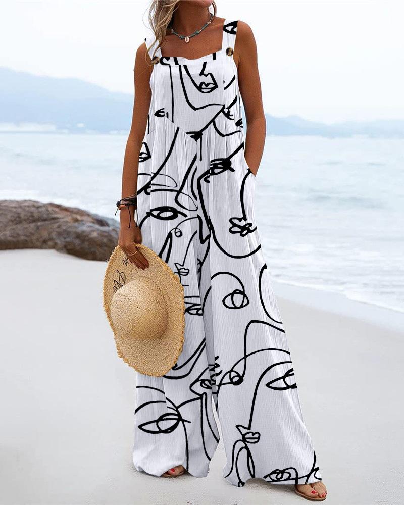 

Figure Print Pocket Design Wide Leg Jumpsuit, White