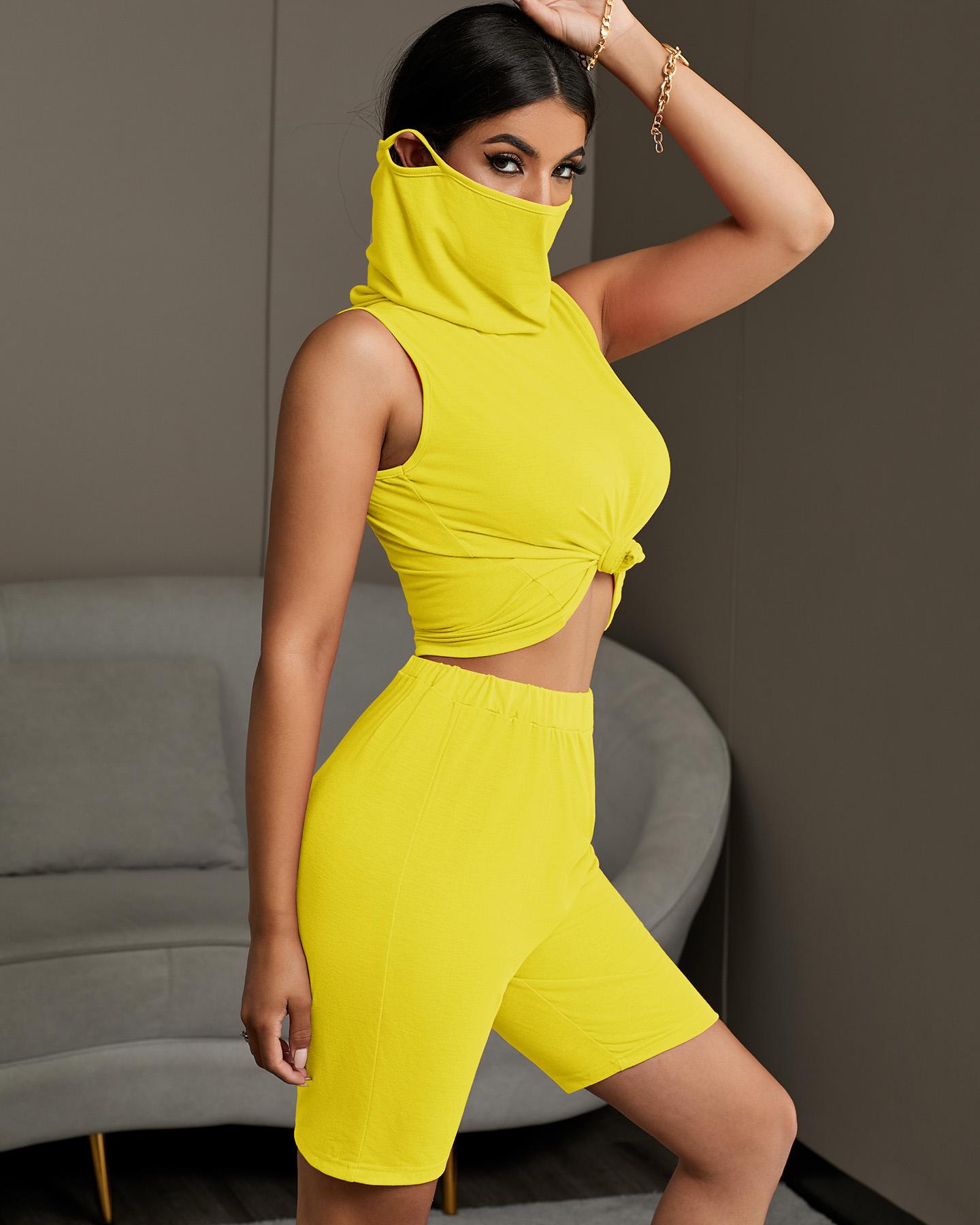 

Solid Sleeveless Casual Top & Shorts Set, Yellow