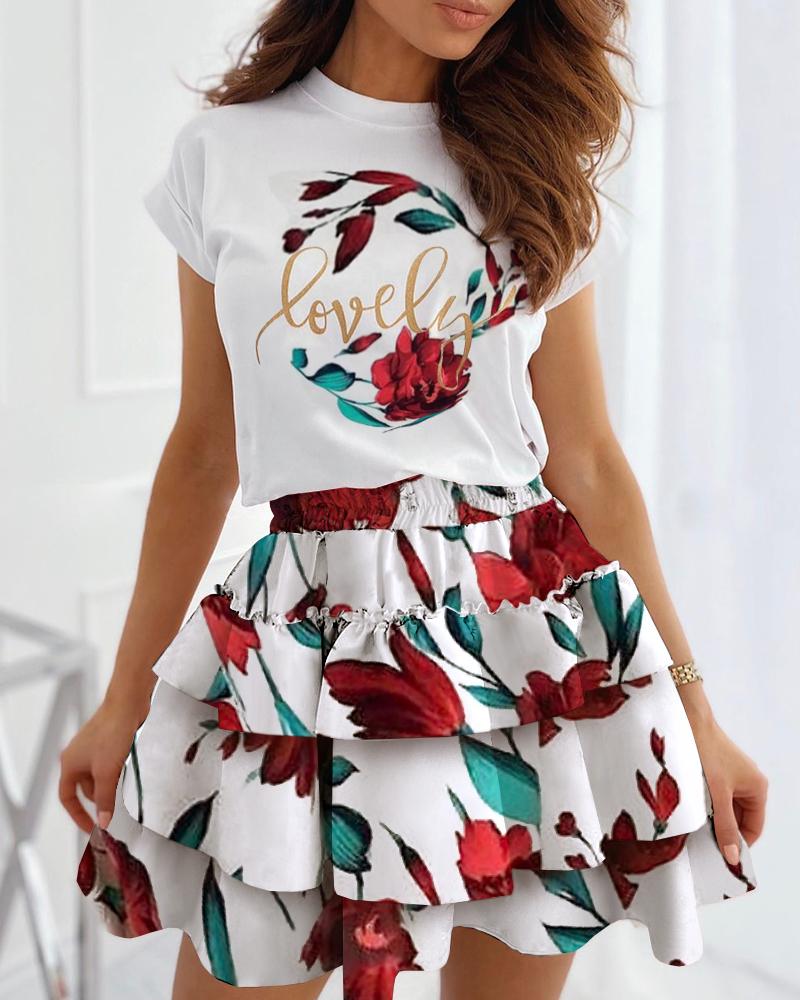 

Letter Floral Print Top & Layered Ruffles Skirt Set, Red