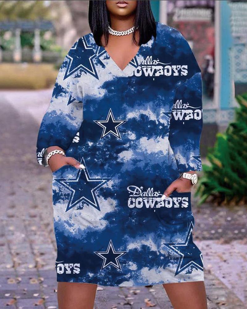 

Plus Size Tie Dye NFL Print Long Sleeve Casual Dress, Blue