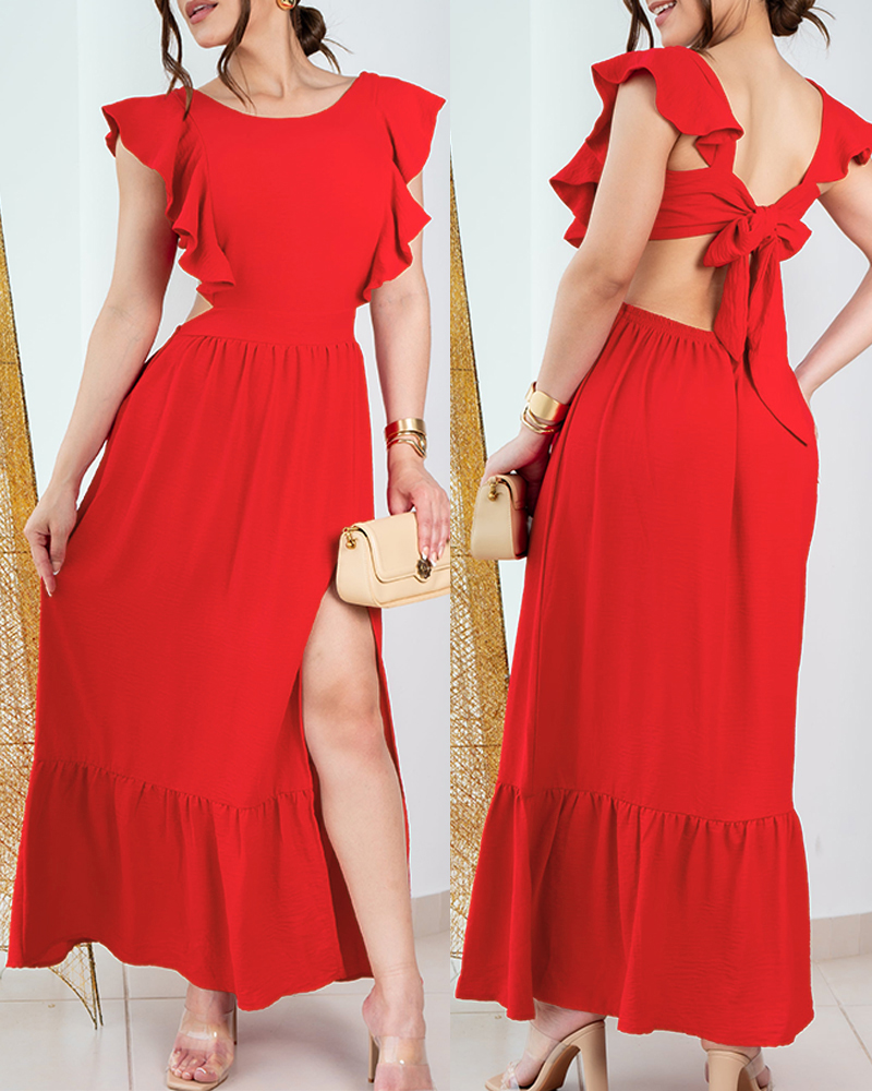 

Shoulder Frill Hem Backless Tied Detail Midi Dress Sexy High Slit A Line Dress, Red