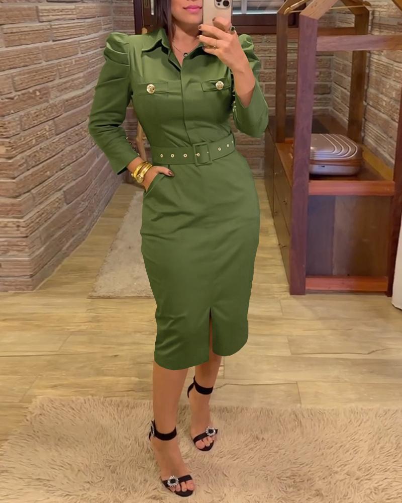 

Robe moulante mi-mollet à col rabattu et manches longues avec boutons décoratifs et fente sur le devant, Dark green